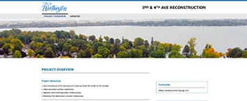 The 3rd & 4th Ave Reconstruction webpage for Watertown features a landscape photo of a lake and lush greenery, highlighting the citys commitment to enhancing public projects. Below the image, youll find sections detailing the project overview and contact information.