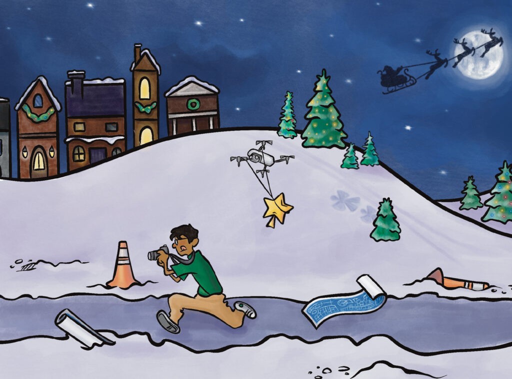 An illustration of a person running on a snowy road