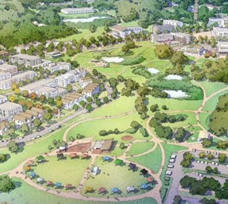 An aerial visualization of a city and park