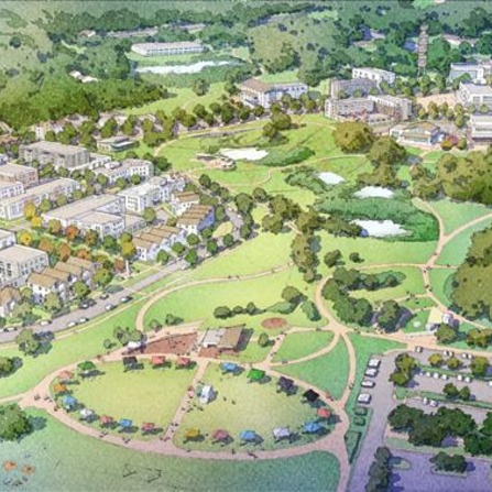An aerial visualization of a city and park