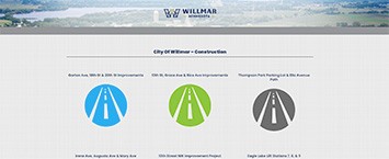 Webpage for City of Willmar Public Projects, featuring three icons: a blue circle for Airport Additions, a green circle for Street Road Improvements, and a gray circle for Parking Lot Improvements.