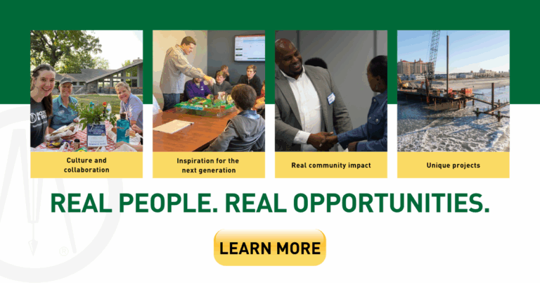 A collage showing people gardening, collaborating around a table, shaking hands, and a construction project by water. Text reads: REAL PEOPLE. REAL OPPORTUNITY. with a LEARN MORE button below.