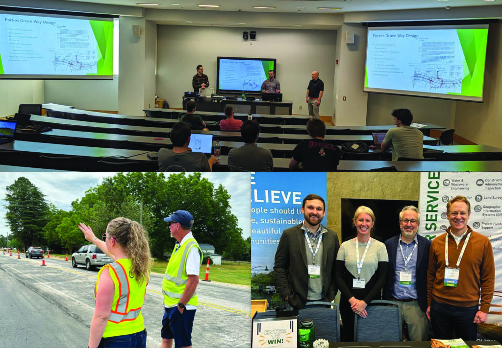 A collage of two images: Top—people present a design on screens to a small audience in a classroom. Bottom left—workers in safety vests direct traffic. Bottom right—four people smile at a booth with banners at an indoor event.