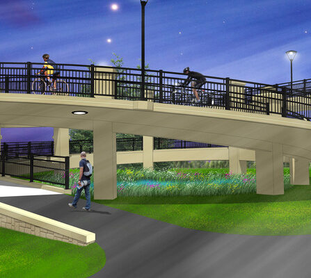 A graphic of a pedestrian bridge with people and bikers