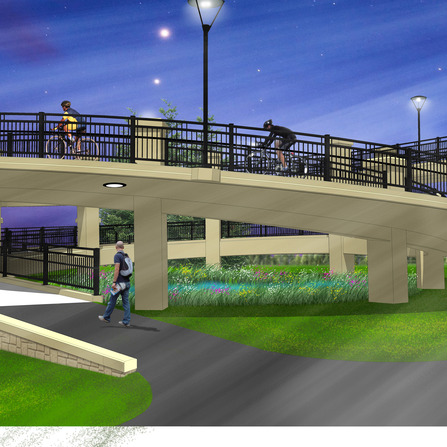 A graphic of a pedestrian bridge with people and bikers