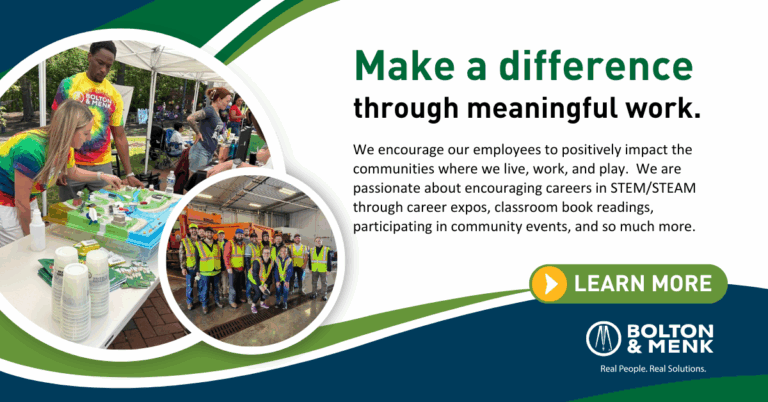 A promotional banner features photos of people volunteering and working together, with text encouraging meaningful work, highlighting STEM/STEAM careers and STEAM Education, and a green Learn More button. Bolton & Menk logo is at the bottom.
