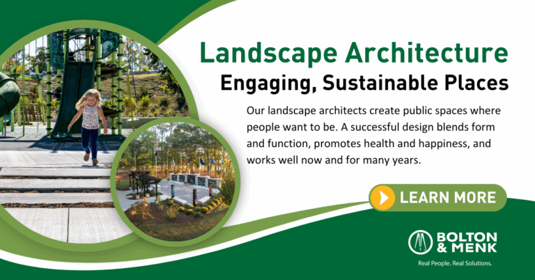 Promotional graphic for Bolton & Menk’s landscape architecture services, featuring Limitless Playgrounds where children play and landscaped seating. Text highlights sustainable, engaging public spaces. Learn more button included.