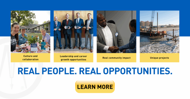 A collage shows people gardening, a group in suits, a handshake, and a waterfront construction site. Text reads: Real people. Real opportunities—like Young Professional of the Year. A yellow button below says, Learn more.