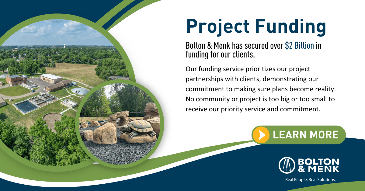 Promotional graphic for Bolton & Menk project funding, featuring park, water, and stone turtle sculptures. Text highlights over $2 billion in Infrastructure Funding for clients with a Learn More button. Bolton & Menk logo appears at the bottom.