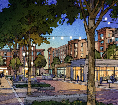 Drawing of a city street with trees and buildings