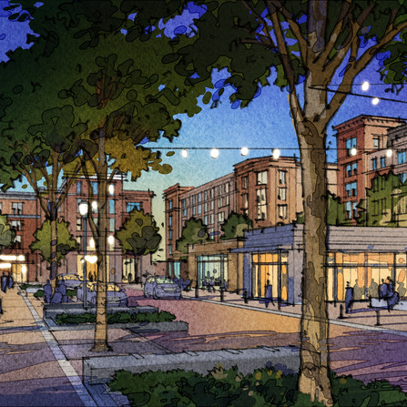 Drawing of a city street with trees and buildings