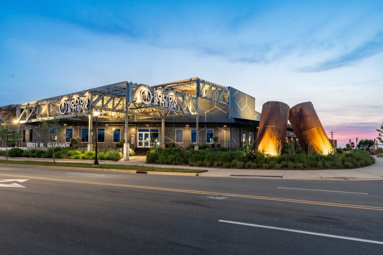Image of a building at sunset