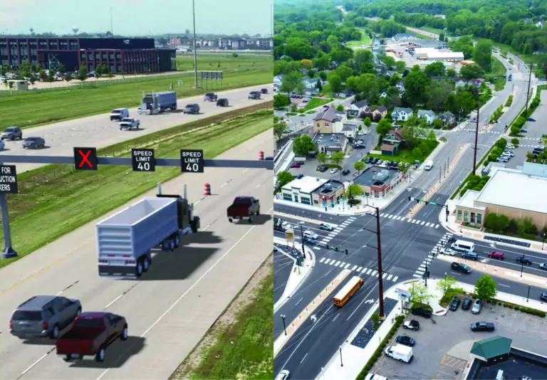 A side-by side of two project photos. Both depicting roadways with vehicles and street signs.