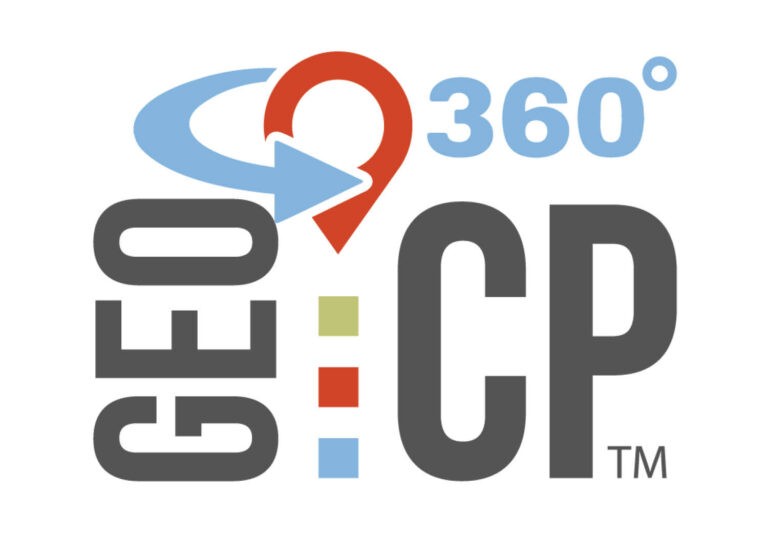 Logo featuring the text “GEO CP 360°” with a red map pin, a blue arrow wrapping around it, and three colored squares (green, red, blue) vertically aligned between “GEO” and “CP.”.