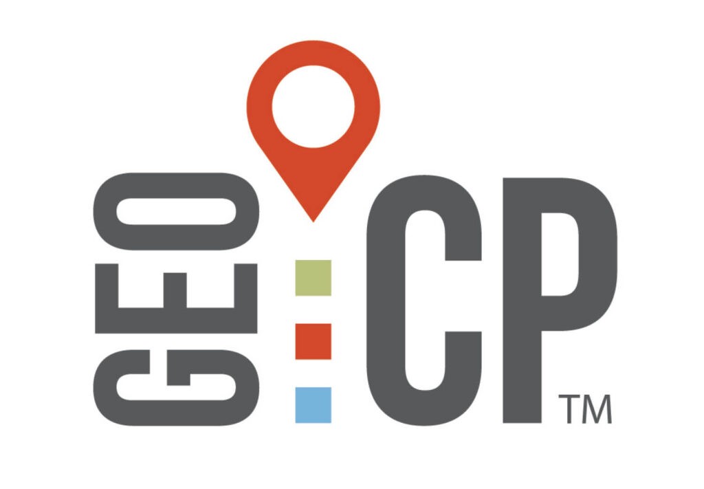 Logo with the word GEO in vertical gray letters on the left, a red map pin above three colored squares (green, red, blue) in the center, and the letters CP in gray on the right.