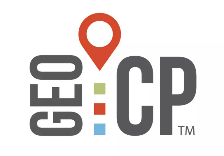Logo with the word GEO in vertical gray letters on the left, a red map pin above three colored squares (green, red, blue) in the center, and the letters CP in gray on the right.
