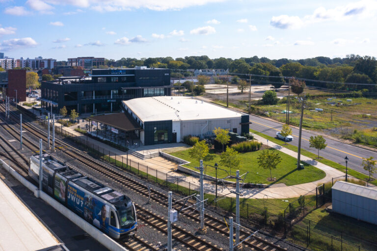 Rail tracks next to a building