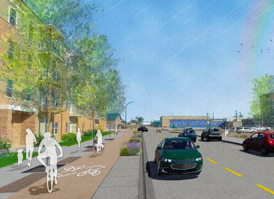 A digitally rendered city street with cars driving, cyclists using a bike lane, and people walking on a sidewalk lined with trees and greenery under a clear blue sky.