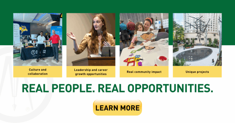 Four images show people collaborating at a booth, a woman speaking at a podium, a woman and children doing crafts, and a modern outdoor sculpture. Text: Real people. Real opportunity. Learn more.