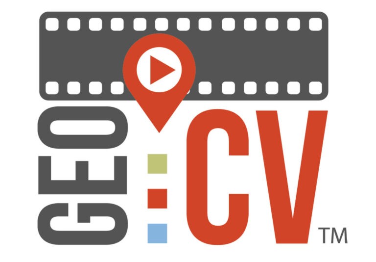 The word GEO CV with a filmstrip, a red map pin with a play button, and large letters CV. Three small squares in green, yellow, and blue are between GEO and CV.