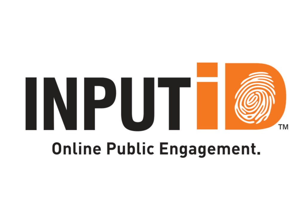 Logo for INPUTiD with INPUT in black and iD in orange, featuring a fingerprint inside the letter D. The tagline underneath reads Online Public Engagement.