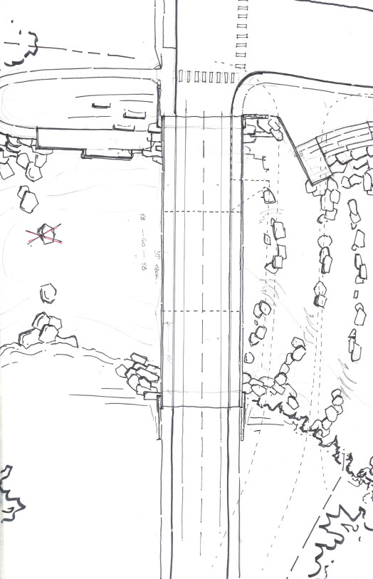 A hand-drawn aerial view shows a road crossing a river via a bridge, with vehicles, trees, rocks, pathways, and a circular area marked with an “X” on the left side—hinting at reestablishing the river’s natural flow.