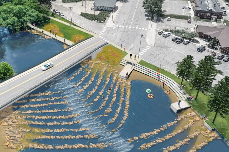 A digitally rendered image of a city park highlights efforts in reestablishing the river, featuring man-made rock rapids, people tubing, a bridge, stair-step seating areas, and nearby roads lined with cars and buildings.