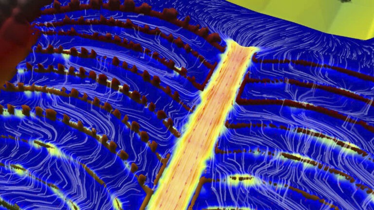 Abstract image inspired by Reestablishing the River, featuring a bright yellow stripe running diagonally across a blue background, with curved white and yellow lines and clusters of red, pillar-like structures arranged in rows.