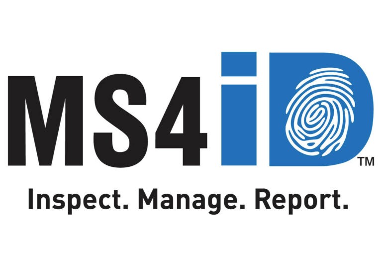 Logo with text MS4iD where the D contains a fingerprint graphic. Below, smaller text reads: Inspect. Manage. Report.