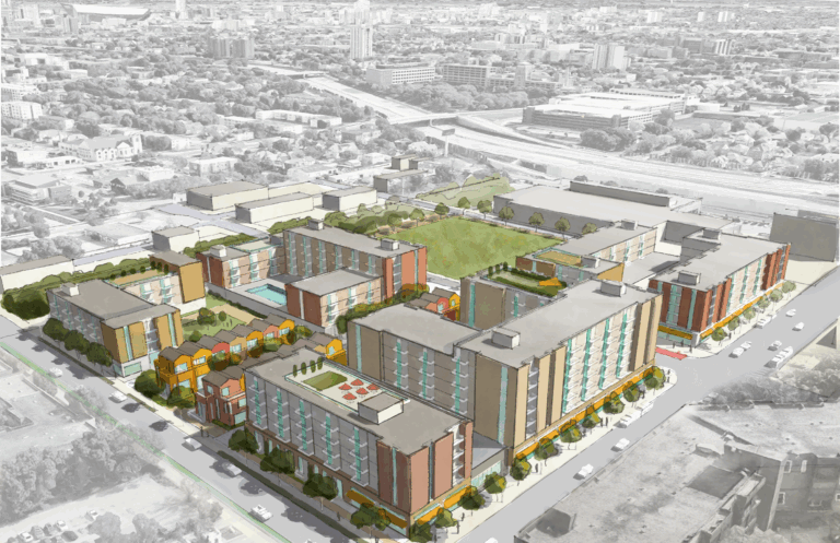 Aerial rendering of a modern urban housing complex showcasing community revival, with multiple mid-rise apartment buildings, green spaces, trees, and sidewalks, all surrounded by city streets and a vibrant urban landscape in the background.