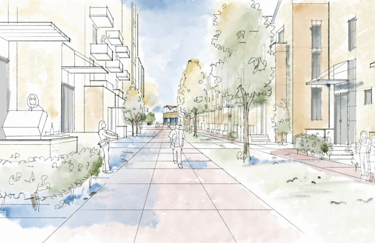 A watercolor-style illustration of a pedestrian walkway lined with modern buildings, trees, and people walking or standing along the path—capturing the spirit of community revival under a partly cloudy sky.