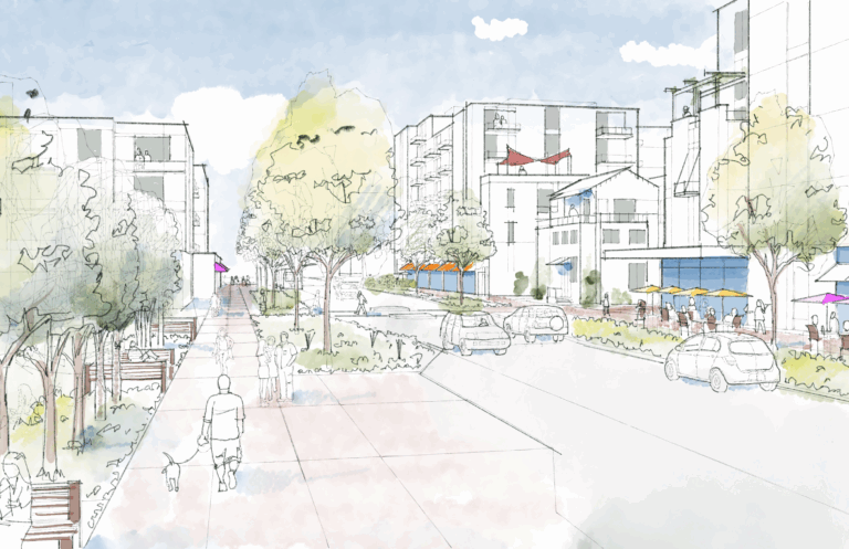 A hand-drawn urban street scene captures a sense of community revival, with people and their dogs strolling along a tree-lined sidewalk beside modern buildings, parked cars, and lively outdoor seating areas under a blue sky with clouds.