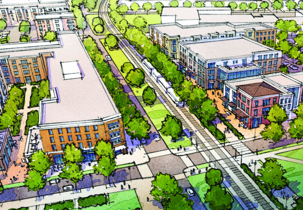 A colorful, hand-drawn aerial illustration of a modern urban neighborhood with mid-rise buildings, tree-lined streets, sidewalks, and a central light rail or streetcar line running through the area.