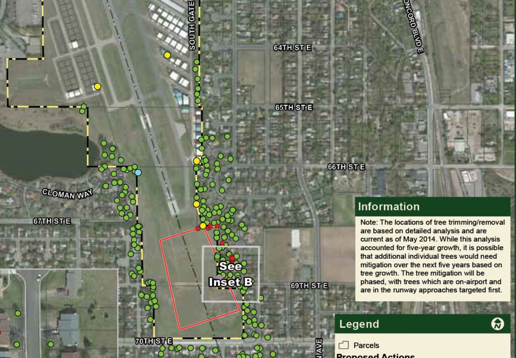 Map showing an airport runway with surrounding streets, green and yellow dots representing trees, and a highlighted area labeled See Inset B. An information box explains tree trimming/removal and planned mitigation actions.