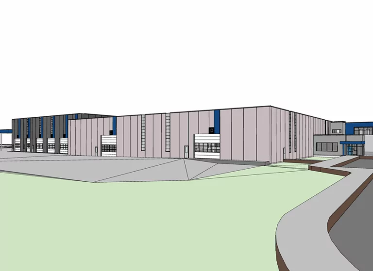A digital rendering of a modern, rectangular building with large windows, beige walls, blue accents, and surrounding paved paths and green areas. The perspective is from the outside, showing the building’s exterior.