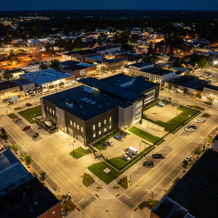 An aerial view of a city at night