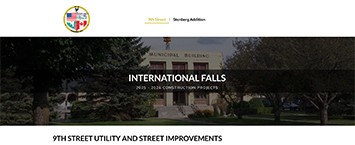 A webpage header displays INTERNATIONAL FALLS 2015-2016 CONSTRUCTION PROJECTS over an image of a municipal building, with the city seal and 9th Street Utility and Street Improvements text below.