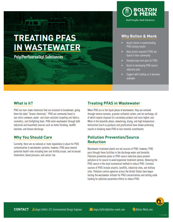 A brochure titled Treating PFAS in Wastewater by Bolton & Menk explores understanding PFAS, their risks, treatment methods, and prevention. It features highlighted sections, a company logo, and contact information for Angie Saffert, Environmental Design Engineer.