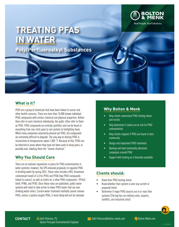 Informational flyer titled Treating PFAS in Water by Bolton & Menk, featuring Understanding PFAS chemicals, their risks, and solutions for water treatment. Includes images of water lab vials, contact info, and reasons to address PFAS contamination.