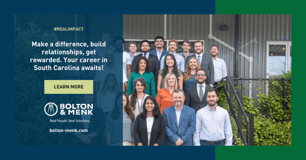A diverse group of professionals stands smiling on steps outside a building. Text reads: Join the Best and Brightest—make a difference, build relationships, get rewarded. Your career in South Carolina awaits! with a Learn More button and Bolton & Menk branding.