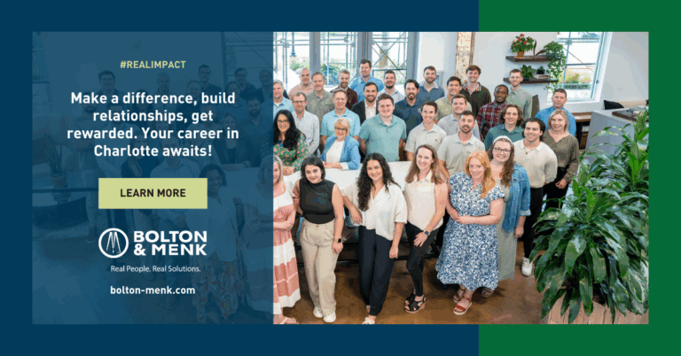 A diverse group of professionals stands and smiles in a modern office. Beside them, a blue box reads: “Make a difference, build relationships, get rewarded. Join a 2025 Charlotte Top Workplace!” with the Bolton & Menk logo and a “Learn More” button.