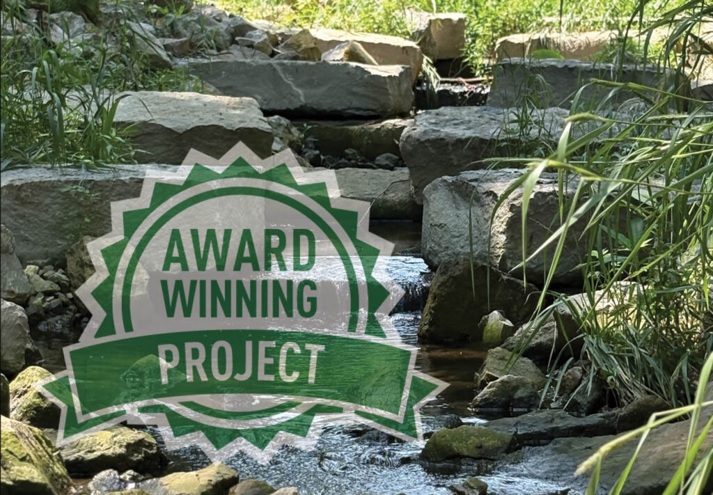 A natural-looking rocky stream with green grass and plants, overlaid with a green badge that reads “Award Winning Project.”.