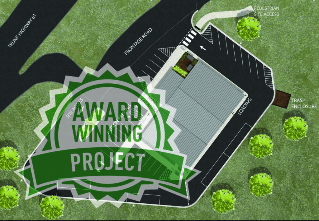A site plan of a parking lot with labeled areas for loading, trash enclosure, and pedestrian access. A large green Award Winning Project badge is overlaid on the image. Trees surround the lot.