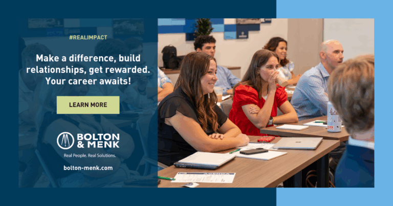 A diverse group of people sits at desks, attentively listening in a modern classroom. A blue banner highlights Bolton & Menk careers and their Military Outreach: “Make a difference, build relationships, get rewarded. Your career awaits!”.