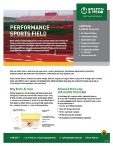 A promotional flyer for Bolton & Menk showcases their performance sports field design services, lists additional services, and provides contact information, with images of sports fields and the companys logo.