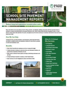 A flyer for Bolton & Menk’s “School Site Pavement Management Reports” features before-and-after pavement photos, a list of services, benefits, and contact details, using green and gray color blocks and simple icons.