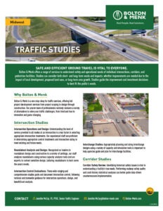 A flyer for Bolton & Menk’s traffic studies in the Midwest shows an aerial view of a highway interchange and details their services, including intersection studies and safety reviews. Contact info appears at the bottom.