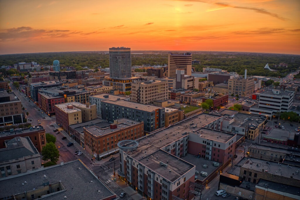 An aerial view of downtown Fargo at sunset