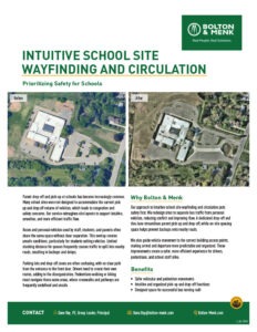 An informational flyer shows before-and-after aerial images of a school site, highlighting redesigned parking and circulation improvements. Text explains safer pick-up zones and benefits, with contact info at the bottom.