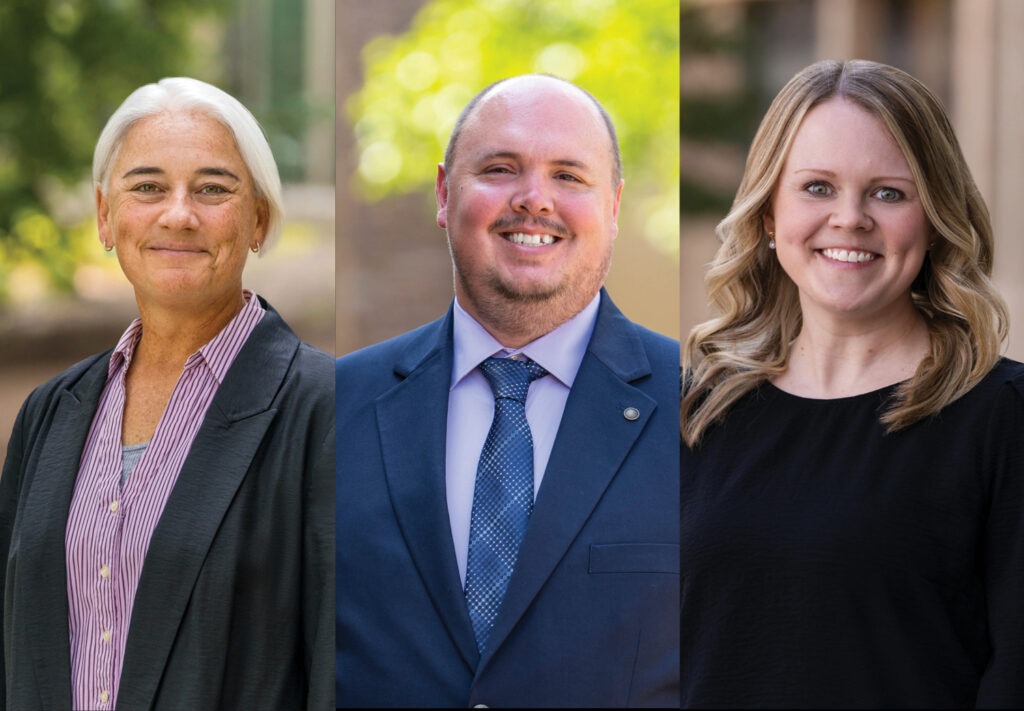 Three people are pictured in separate vertical panels: an older woman with white hair in a blazer, a bald man in a suit and tie, and a blonde woman in a black top, all smiling outdoors.
